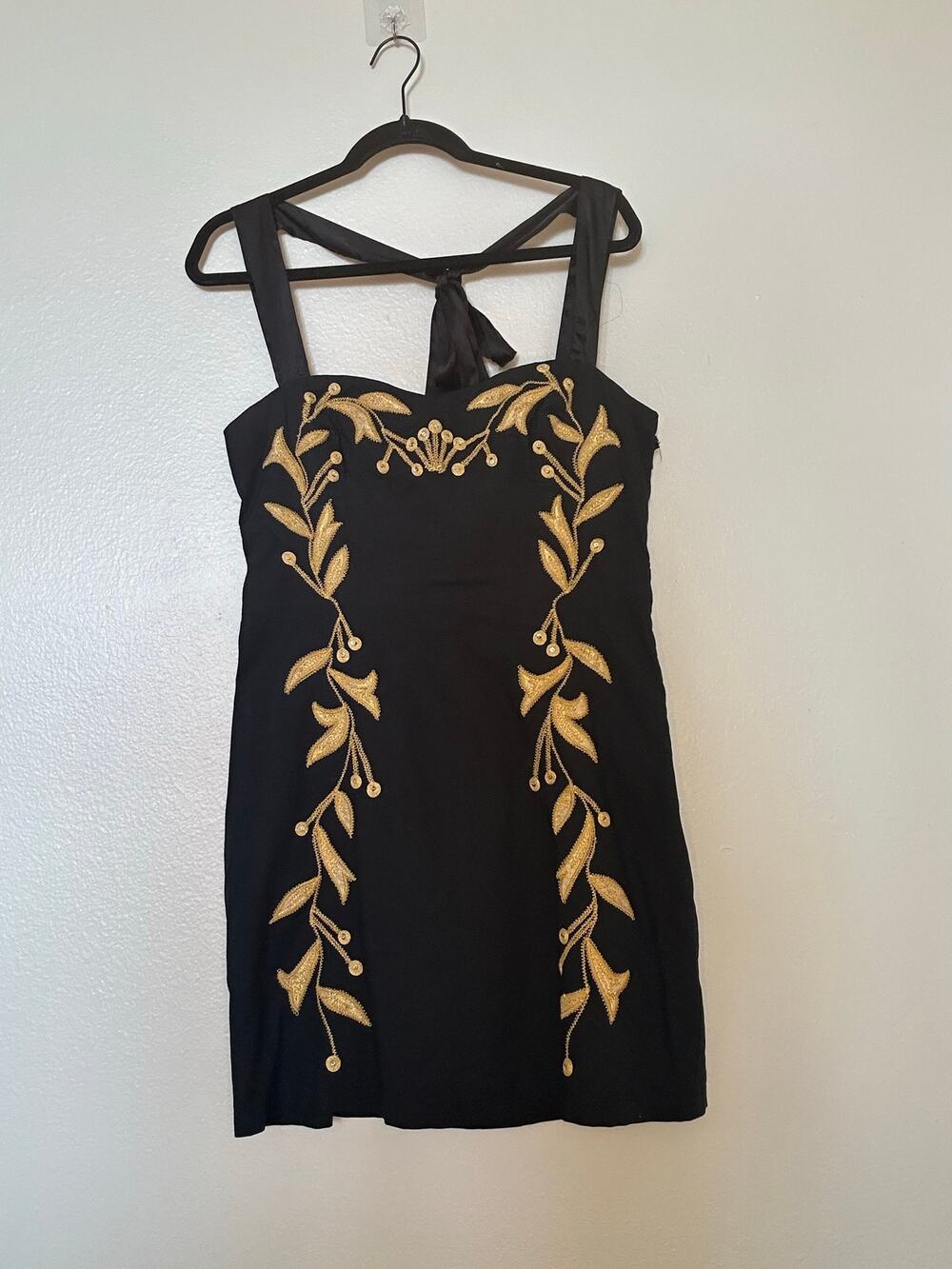 Vintage Y2K Free People Gold Leaf Embroidered Mini Dress Black Satin Tie Sz 2